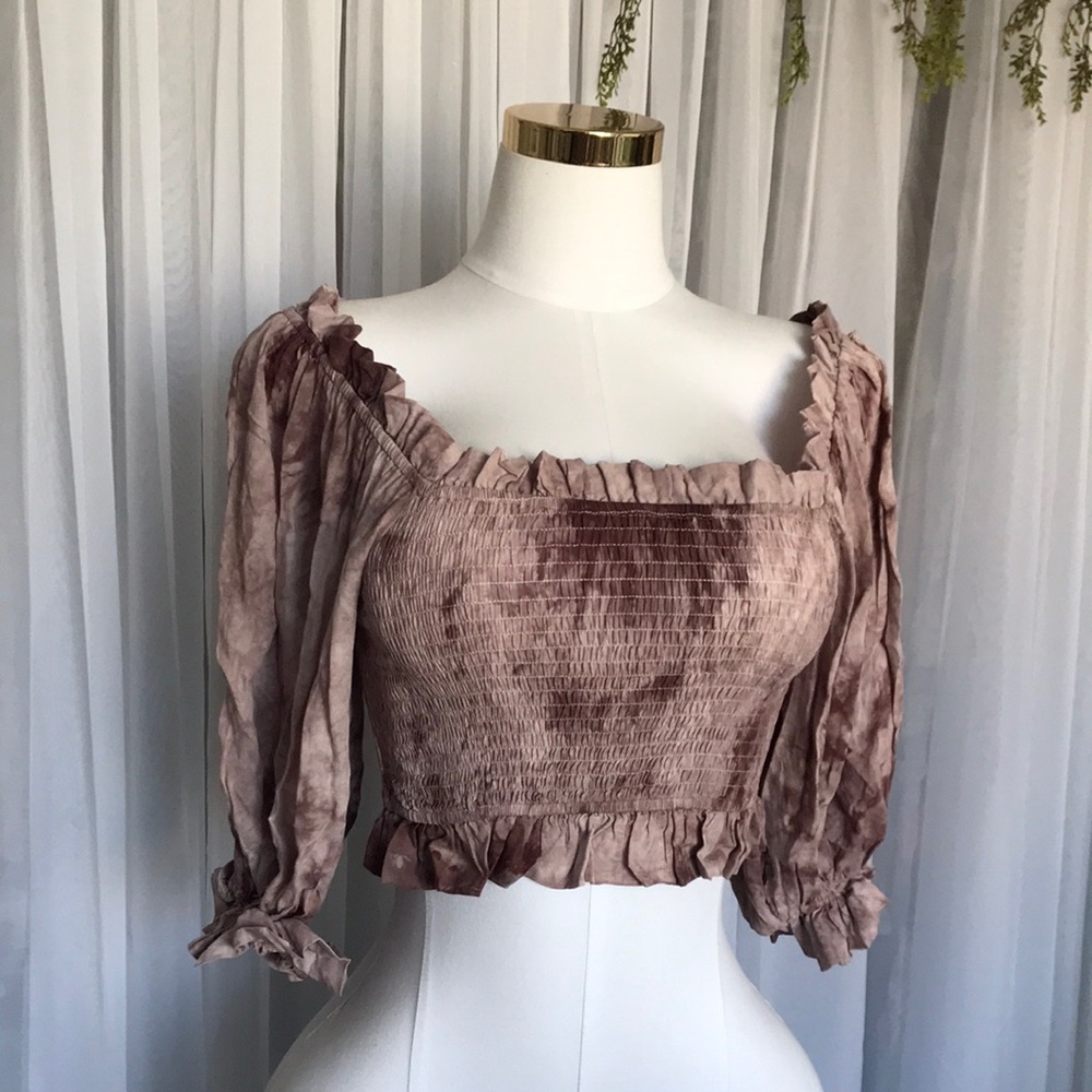 Ruffle Trim Mauve Smocked Tie Dye Crop Top